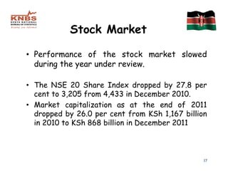 Stock Market

• Performance of the stock market slowed
  during the year under review.

• The NSE 20 Share Index dropped by 27.8 per
  cent to 3,205 from 4,433 in December 2010.
• Market capitalization as at the end of 2011
  dropped by 26.0 per cent from KSh 1,167 billion
  in 2010 to KSh 868 billion in December 2011



                                                17
 