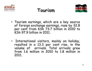 Tourism

• Tourism earnings, which are a key source
  of foreign exchange earnings, rose by 32.8
  per cent from KSh 73.7 billion in 2010 to
  KSh 97.9 billion in 2011.

• International visitors, mainly on holiday,
  resulted in a 13.3 per cent rise, in the
  volume of arrivals. Total arrivals grew
  from 1.6 million in 2010 to 1.8 million in
  2011.

                                               19
 