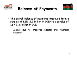 Balance of Payments

• The overall balance of payments improved from a
  surplus of KSh 12.2 billion in 2010 to a surplus of
  KSh 21.8 billion in 2011

   – Mainly due to improved Capital and financial
     account




                                                    36
 