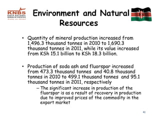Environment and Natural
           Resources
• Quantity of mineral production increased from
  1,496.3 thousand tonnes in 2010 to 1,690.3
  thousand tonnes in 2011, while its value increased
  from KSh 15.1 billion to KSh 18.3 billion.

• Production of soda ash and fluorspar increased
  from 473.3 thousand tonnes and 40.8 thousand
  tonnes in 2010 to 499.1 thousand tonnes and 95.1
  thousand tonnes in 2011, respectively
      – The significant increase in production of the
        fluorspar is as a result of recovery in production
        due to improved prices of the commodity in the
        export market

                                                             41
 