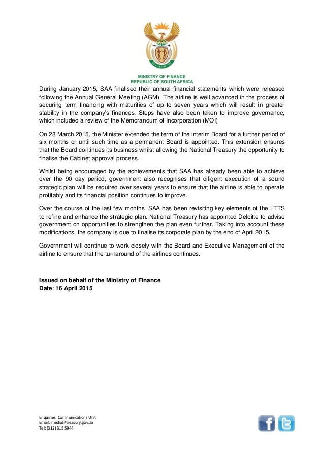 Minister statement on SAA 16 April 2015
