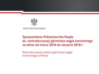 Sprawozdanie Pełnomocnika Rządu
ds. restrukturyzacji górnictwa węgla kamiennego
za okres od marca 2016 do sierpnia 2018 r.
Restrukturyzacja sektora górnictwa węgla
kamiennego w Polsce
 