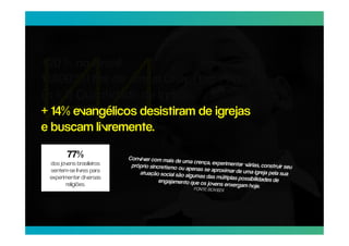 +20 % no Brasil
10.890.731 fãs de Jesus Daily (Top Page)
(n + 1) Quantidade de igrejas
+ 14% evangélicos desistiram de igrejas
e buscam livremente.

        77%
 dos jovens brasileiros
 sentem-se livres para
 experimentar diversas
       religiões.
 