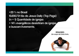 +20 % no Brasil
10.890.731 fãs de Jesus Daily (Top Page)
(n + 1) Quantidade de igrejas
+ 14% evangélicos desistiram de igrejas
e buscam livremente.
                                        RESULTADO:
                                   Um corpo de Cristo forte.
 
