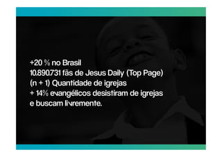 +20 % no Brasil
10.890.731 fãs de Jesus Daily (Top Page)
(n + 1) Quantidade de igrejas
+ 14% evangélicos desistiram de igrejas
e buscam livremente.
 