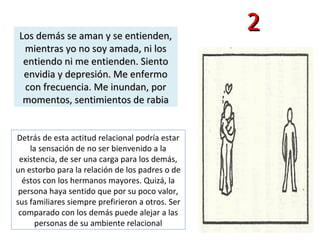 22Los demás se aman y se entienden,Los demás se aman y se entienden,
mientras yo no soy amada, ni losmientras yo no soy amada, ni los
entiendo ni me entienden. Sientoentiendo ni me entienden. Siento
envidia y depresión. Me enfermoenvidia y depresión. Me enfermo
con frecuencia. Me inundan, porcon frecuencia. Me inundan, por
momentos, sentimientos de rabiamomentos, sentimientos de rabia
Detrás de esta actitud relacional podría estar
la sensación de no ser bienvenido a la
existencia, de ser una carga para los demás,
un estorbo para la relación de los padres o de
éstos con los hermanos mayores. Quizá, la
persona haya sentido que por su poco valor,
sus familiares siempre prefirieron a otros. Ser
comparado con los demás puede alejar a las
personas de su ambiente relacional
 