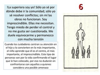 66!La superiora soy yo! Sólo yo sé por!La superiora soy yo! Sólo yo sé por
dónde debe ir la comunidad; sólo yodónde debe ir la comunidad; sólo yo
sé resolver conflictos; sin mí lassé resolver conflictos; sin mí las
obras no funcionan. Soyobras no funcionan. Soy
imprescindible. Ellas me necesitan.imprescindible. Ellas me necesitan.
Tengo miedo de perder el control yTengo miedo de perder el control y
no me gusta ser cuestionada. Meno me gusta ser cuestionada. Me
duele equivocarme y permanezcoduele equivocarme y permanezco
con mucha tensióncon mucha tensión
Cuando los cuidadores centran su atención en
el hijo y lo convierten en lo más importante,
el niño aprende que él es el centro, el más
importante, el imprescindible. Este tipo de
personas van por la vida confirmando el lugar
que le han colocado, por eso no dudarán en
confrontarse con aquellos a quienes
considera una posible amenaza
 