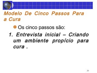 33 
Modelo De Cinco Passos Para 
a Cura 
Os cinco passos são: 
1. Entrevista inicial – Criando 
um ambiente propício para 
cura . 
 