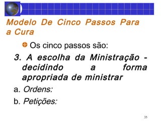 35 
Modelo De Cinco Passos Para 
a Cura 
Os cinco passos são: 
3. A escolha da Ministração - 
decidindo a forma 
apropriada de ministrar 
a. Ordens: 
b. Petições: 
 