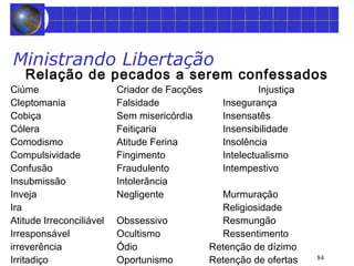 Ministrando Libertação 
Relação de pecados a serem confessados 
Ciúme Criador de Facções Injustiça 
Cleptomania Falsidade Insegurança 
Cobiça Sem misericórdia Insensatês 
Cólera Feitiçaria Insensibilidade 
Comodismo Atitude Ferina Insolência 
Compulsividade Fingimento Intelectualismo 
Confusão Fraudulento Intempestivo 
Insubmissão Intolerância 
Inveja Negligente Murmuração 
Ira Religiosidade 
Atitude Irreconciliável Obssessivo Resmungão 
Irresponsável Ocultismo Ressentimento 
irreverência Ódio Retenção de dízimo 
Irritadiço Oportunismo Retenção de ofertas 
84 
 