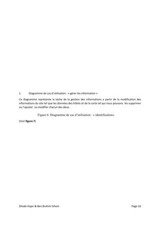 Dhiabi Hajer & Ben Brahim Sihem Page 16
1. Diagramme de cas d’utilisation : « gérer les information »
Ce diagramme représente la tache de la gestion des informations a partir de la modification des
informations du site tel que les données des hôtels et de la carte tel qui nous pouvons les supprimer
ou l’ajouter ou modifier chacun des deux.
(Voir figure 7)
Figure 6: Diagramme de cas d’utilisation : « identification»
 