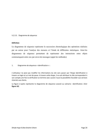 Dhiabi Hajer & Ben Brahim Sihem Page 20
II.2.3.3. Diagramme de séquence
Définition
Le diagramme de séquence représente la succession chronologique des opérations réalisées
par un acteur pour l’analyse des mesures et l’étude de différentes statistiques. Ainsi les
diagrammes de séquence permettent de représenter des interactions entre objets
communiquent entre eux par envoi de messages (appel de méthodes)
1. Diagramme de séquence « identification » :
L’utilisateur ne peut pas modifier les informations du site sans passer par l’étape identification à
travers un login et un mot de passe .A travers cette étape, il se voit attribuer le rôle correspondant à
son compte.une fois la vérification se termine avec succès il aura la possibilité d’accéder aux services
réservés aux clients.
La figure ci-après représente le diagramme de séquence associé au scénario : identification. (Voir
figure 10)
 