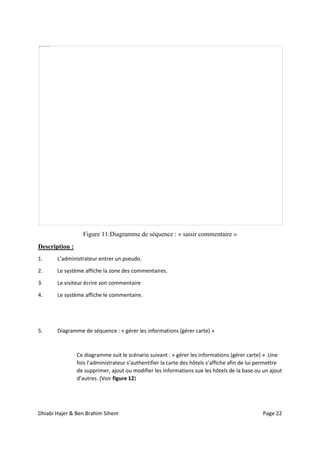 Dhiabi Hajer & Ben Brahim Sihem Page 22
Figure 11:Diagramme de séquence : « saisir commentaire »
Description :
1. L’administrateur entrer un pseudo.
2. Le système affiche la zone des commentaires.
3. Le visiteur écrire son commentaire
4. Le système affiche le commentaire.
5. Diagramme de séquence : « gérer les informations (gérer carte) »
Ce diagramme suit le scénario suivant : « gérer les informations (gérer carte) » .Une
fois l’administrateur s’authentifier la carte des hôtels s’affiche afin de lui permettre
de supprimer, ajout ou modifier les informations sue les hôtels de la base ou un ajout
d’autres. (Voir figure 12)
 