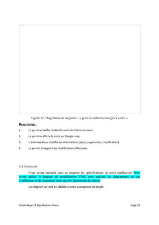 Dhiabi Hajer & Ben Brahim Sihem Page 23
Figure 12: Diagramme de séquence : « gérer les information (gérer carte) »
Description :
1. Le système vérifie l’indentification de l’administrateur.
2. Le système affiche la carte sur Google map.
3. L’administrateur modifie les informations (ajout, suppression, modification).
4. Le system enregistre les modifications effectuées.
II.3. Conclusion
Nous avons présenté dans ce chapitre les spécifications de notre application. Nous
avons utilisé le langage de modélisation UML pour réaliser les diagrammes de cas
d’utilisation et de séquences ainsi que les digrammes de classes.
Le chapitre suivant est dédiée à notre conception du projet.
 
