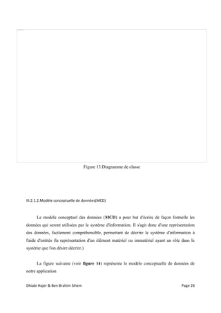 Dhiabi Hajer & Ben Brahim Sihem Page 26
III.2.1.2.Modèle conceptuelle de données(MCD)
Le modèle conceptuel des données (MCD) a pour but d'écrire de façon formelle les
données qui seront utilisées par le système d'information. Il s'agit donc d'une représentation
des données, facilement compréhensible, permettant de décrire le système d'information à
l'aide d'entités (la représentation d'un élément matériel ou immatériel ayant un rôle dans le
système que l'on désire décrire.)
La figure suivante (voir figure 14) représente le modèle conceptuelle de données de
notre application
Figure 13:Diagramme de classe
 