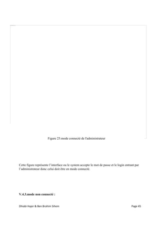 Dhiabi Hajer & Ben Brahim Sihem Page 45
Cette figure représente l’interface ou le system accepte le mot de passe et le login entrant par
l’administrateur donc celui doit être en mode connecté.
V.4.3.mode non connecté :
Figure 25:mode connecté de l'administrateur
 
