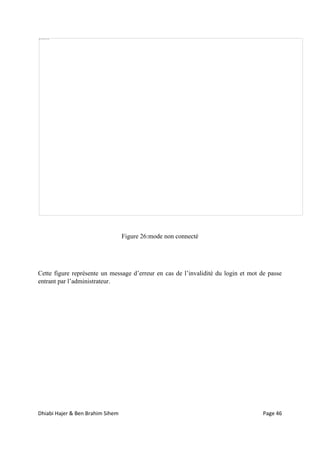 Dhiabi Hajer & Ben Brahim Sihem Page 46
Figure 26:mode non connecté
Cette figure représente un message d’erreur en cas de l’invalidité du login et mot de passe
entrant par l’administrateur.
 