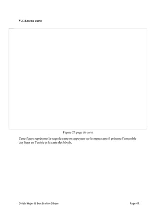 Dhiabi Hajer & Ben Brahim Sihem Page 47
V.4.4.menu carte
Cette figure représente la page de carte on appuyant sur le menu carte il présente l’ensemble
des lieux en Tunisie et la carte des hôtels.
Figure 27:page de carte
 