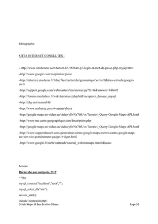 Dhiabi Hajer & Ben Brahim Sihem Page 56
Bibliographie
SITES INTERNET CONSULTES :
- http://www.siteduzero.com/forum-83-565648-p1-login-et-mot-de-passe-php-mysql.html
-http://www.google.com/mapmaker/pulse
-http://eductice.ens-lyon.fr/EducTice/recherche/geomatique/veille/Globes-virtuels/google-
earth
-http://support.google.com/webmasters/bin/answer.py?hl=fr&answer=146645
-http://forums.mediabox.fr/wiki/tutoriaux/php/bdd/recuperer_donnee_mysql
-http://php.net/manual/fr/
-http://www.mybatua.com/womens/abaya
-http://google-maps.en-video.eu/video/ySvNz7tbUvs/Tutoriel-jQuery-Google-Maps-API.html
-http://www.ma-carte-geographique.com/Inscription.php
-http://google-maps.en-video.eu/video/ySvNz7tbUvs/Tutoriel-jQuery-Google-Maps-API.html
-http://www.supportduweb.com/generateur-cartes-google-maps-mettre-cartes-google-map-
sur-son-site-gratuitement-gadget-widget.html
-http://www.google.fr/earth/outreach/tutorial_websitemaps.html#discuss
Annexe
Recherche par catégorie. PHP
<?php
mysql_connect("localhost","root","");
mysql_select_db("site");
session_start();
include 'connexion.php';
 