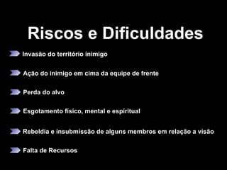 Riscos e Dificuldades Invasão do território inimigo Ação do inimigo em cima da equipe de frente Perda do alvo  Esgotamento físico, mental e espiritual Rebeldia e insubmissão de alguns membros em relação a visão Falta de Recursos 