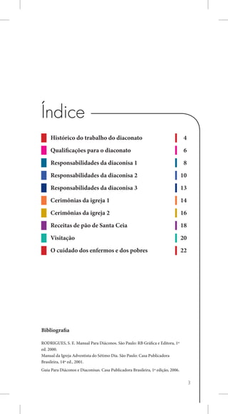 Índice
     Histórico do trabalho do diaconato 	                                         4

     Qualificações para o diaconato 	                                             6

     Responsabilidades da diaconisa 1 	                                           8

     Responsabilidades da diaconisa 2 	                                          10

     Responsabilidades da diaconisa 3 	                                          13

     Cerimônias da igreja 1 	                                                    14

     Cerimônias da igreja 2 	                                                    16

     Receitas de pão de Santa Ceia	                                              18

     Visitação                                                                   20

     O cuidado dos enfermos e dos pobres 	                                       22




Bibliografia

RODRIGUES, S. E. Manual Para Diáconos. São Paulo: RB Gráfica e Editora, 1º
ed. 2000.
Manual da Igreja Adventista do Sétimo Dia. São Paulo: Casa Publicadora
Brasileira, 14º ed., 2001.
Guia Para Diáconos e Diaconisas. Casa Publicadora Brasileira, 1ª edição, 2006.

                                                                                      3
 