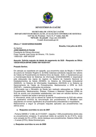 MINISTÉRIO DA SAÚDE
SECRETARIA DE ATENÇÃO À SAÚDE
DEPARTAMENTO DE REGULAÇÃO, AVALIAÇÃO E CONTROLE DE SISTEMAS
SAF Sul, Ed. Premium - Torre 11, 3° Andar, Sala 301
70070-600 - BrasíliaillF - Fone: (61) 3315-5870
E-mail: drac@saude.gov.br
Ofício n° 143/2014/DRAC/SAS/MS
Brasília, 9 de julho de 2014.
Ao Senhor
JOÃO MARCELO PAVAN
Presidente da Câmara Municipal
Praça Tenente José Ferraz de Oliveira, 179, Centro
13900-029 - AMP ARO/SP
Assunto: Solicita reajuste da tabela de pagamento do SUS - Resposta ao Ofício
120/2014/ECA-SIPAR 25000.109119/2014-81
Prezado Senhor,
Em atenção ao expediente em epigrafe, que encaminha cópia da Moção n° 04/2014
de autoria do Vereador Rogério D. de Britto Catanese solicitando reajuste dos valores
da Tabela de Procedimentos do Sistema Único de Saúde - SUS. 2. Esclarecemos que
a Coordenação-Geral de Sistemas de Informação (CGSI/D/SAS/MS) é responsável
pela adequação das regras de negócio no Sistema de Cadastro Nacional de
Estabelecimentos de Saúde (SCNES), no Sistema de Informação Ambulatorial
(SIAlSUS), no Sistema de Informações Hospitalares (SIH/SUS) e no Sistema de
Gerenciamento da Tabela de Procedimentos, Medicamentos e OPM do SUS
(SIGTAP), , mediante publicações de portarias.
3 Informação que o Ministério da Saúde tem realizado adequações na Tabela de
Procedimentos, Medicamentos, Órteses, Próteses e Materiais Especiais (OPM) do
SUS de acordo com prioridades estabelecidas com base em estudos técnicos, que
avaliam o impacto das ações e serviços de saúde.
4. Infonnamos, ainda, que os valores da Tabela de Procedimentos do SUS são valores
de parâmetros mínimos de remuneração dos procedimentos. O Ministério vem
reajustando um número significativo de procedimentos ambulatoriais e hospitalares.
Relacionamos a seguir os principais reajustes aplicados aos procedimentos nos
últimos anos:
a. Reajustes ocorridos no ano de 2007
. Portaria GM/MS n° 2.488, de 01/10/2007 - reajustou 1.006 procedimentos dentre eles
os procedimentos cirúrgicos. O percentual médio de aumento foi de 27,81%, tendo
uma variação de 5% a 275%, dando destaque aos procedimentos: Sistema Holter 24h
- 3 canais (275%), Bolsa Drenável para
c. Reajustes ocorridos no ano de 2009
 