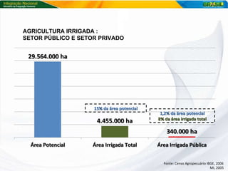 MI, 2005 1,2% da área potencial 8% da área irrigada total 15% da área potencial Fonte: Censo Agropecuário IBGE, 2006 AGRICULTURA IRRIGADA :  SETOR PÚBLICO E SETOR PRIVADO 