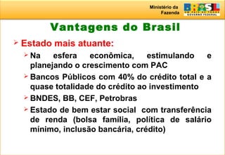 Ministério da
Fazenda
Vantagens do Brasil
 Estado mais atuante:
 Na esfera econômica, estimulando e
planejando o crescimento com PAC
 Bancos Públicos com 40% do crédito total e a
quase totalidade do crédito ao investimento
 BNDES, BB, CEF, Petrobras
 Estado de bem estar social com transferência
de renda (bolsa família, política de salário
mínimo, inclusão bancária, crédito)
 