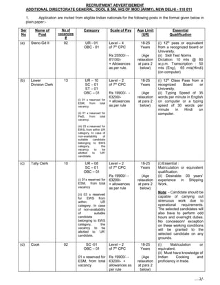 RECRUITMENT ADVERTISEMENT
ADDITIONAL DIRECTORATE GENERAL, DGOL & SM, IHQ OF MOD (ARMY), NEW DELHI - 110 011
1. Application are invited from eligible Indian nationals for the following posts in the format given below in
plain paper:-
Ser
No
Name of
Post
No of
vacancies
#
Category Scale of Pay Age Limit
(UR)
Essential
Qualification
(a) Steno Gd II 02 UR - 01
OBC - 01
Level – 4
of 7th
CPC
Rs 25500/- -
81100/-
+ Allowances
as per rule.
18-25
Years
(Age
relaxation
at para 2
below)
(i) 12th
pass or equivalent
from a recognized board or
University.
(ii) Skill Test Norms
Dictation: 10 mts @ 80
w.p.m. Transcription : 50
mts (Eng), 65 mts(Hindi)
(on computer)
(b) Lower
Division Clerk
13 UR – 10
SC – 01
ST – 01
OBC – 01
(i) 01 x reserved for
ESM, from total
vacancy.
(ii) 01 x reserved for
PwD, from total
vacancy.
(iii) 03 x reserved for
EWS, from within UR
category. In case of
non-availability of
suitable candidate
belonging to EWS
category, the
vacancy to be
allotted to ‘UR’
candidate.
Level – 2
of 7th
CPC
Rs 19900/- -
63200/-
+ allowances
as per rule
18-25
Years
(Age
relaxation
at para 2
below)
(i) 12th
Class Pass from a
recognized Board or
University.
(ii) Typing Speed of 35
words per minute in English
on computer or a typing
speed of 30 words per
minute in Hindi on
computer.
(c) Tally Clerk 10 UR – 08
SC – 01
OBC – 01
(i) 01x reserved for
ESM, from total
vacancy
(ii) 03 x reserved
for EWS from
within UR
category. In case
of non-availability
of suitable
candidate
belonging to EWS
category, the
vacancy to be
allotted to ‘UR’
candidate.
Level – 2
of 7th
CPC
Rs 19900/- -
63200/-
+ allowances
as per rule
18-25
Years
(Age
relaxation
at para 2
below)
(i) Essential :
Matriculation or equivalent
qualification.
(ii) Desirable: 03 years’
experience in Shipping
Work.
Note: - Candidate should be
capable of carrying out
strenuous work due to
operational requirements.
The selected candidates will
also have to perform odd
hours and overnight duties.
No concession/ exception
on these working conditions
will be granted to the
selected candidate on any
grounds.
(d) Cook 02 SC -01
OBC – 01
01 x reserved for
ESM, from total
vacancy
Level – 2
of 7th
CPC
Rs 19900/- -
63200/- +
allowances as
per rule
18-25
Years
(Age
relaxation
at para 2
below)
(i) Matriculation or
equivalent.
(ii) Must have knowledge of
Indian Cooking and
proficiency in trade.
…..2/-
 