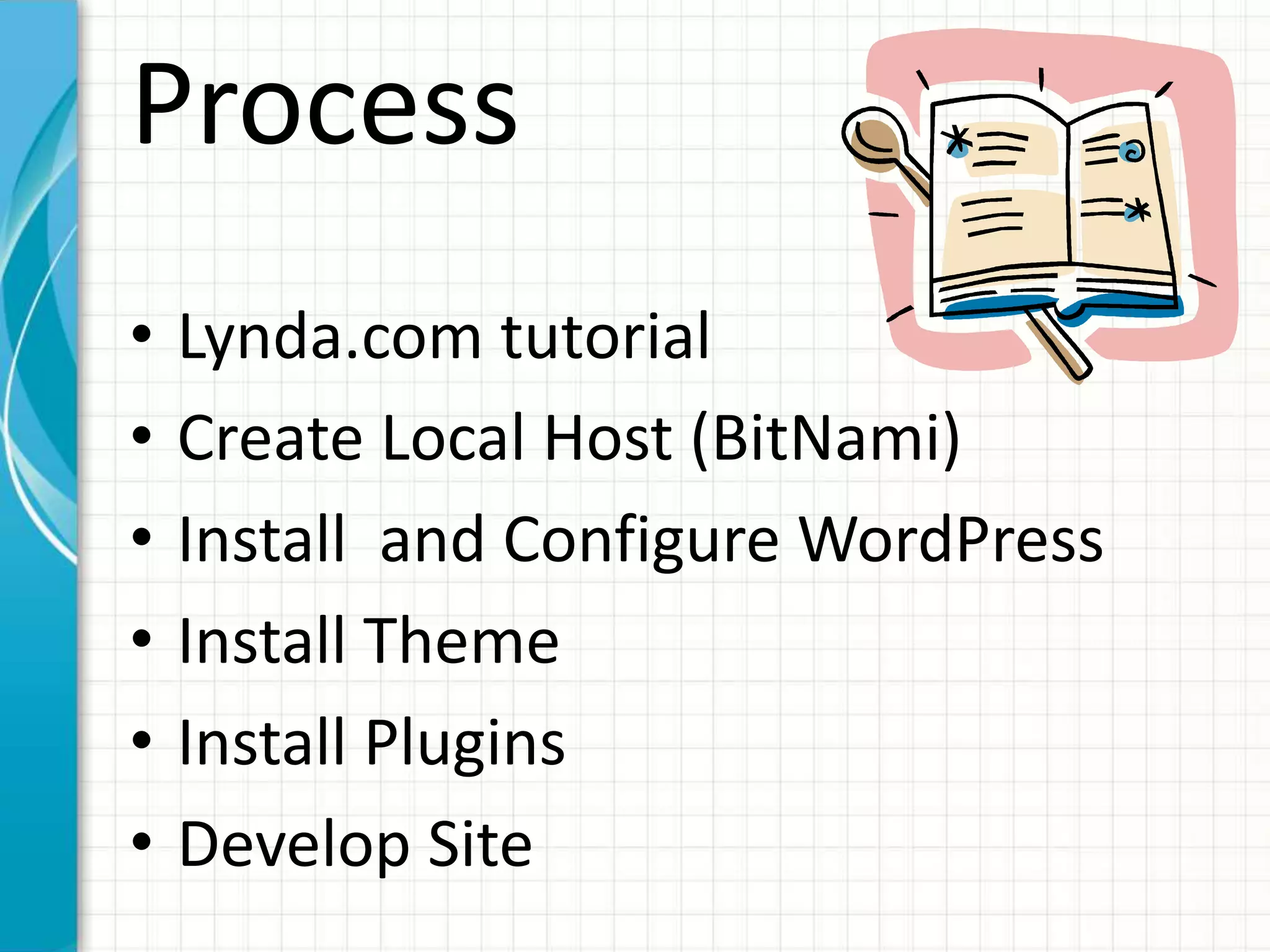 Process
• Lynda.com tutorial
• Create Local Host (BitNami)
• Install and Configure WordPress
• Install Theme
• Install Plugins
• Develop Site
 