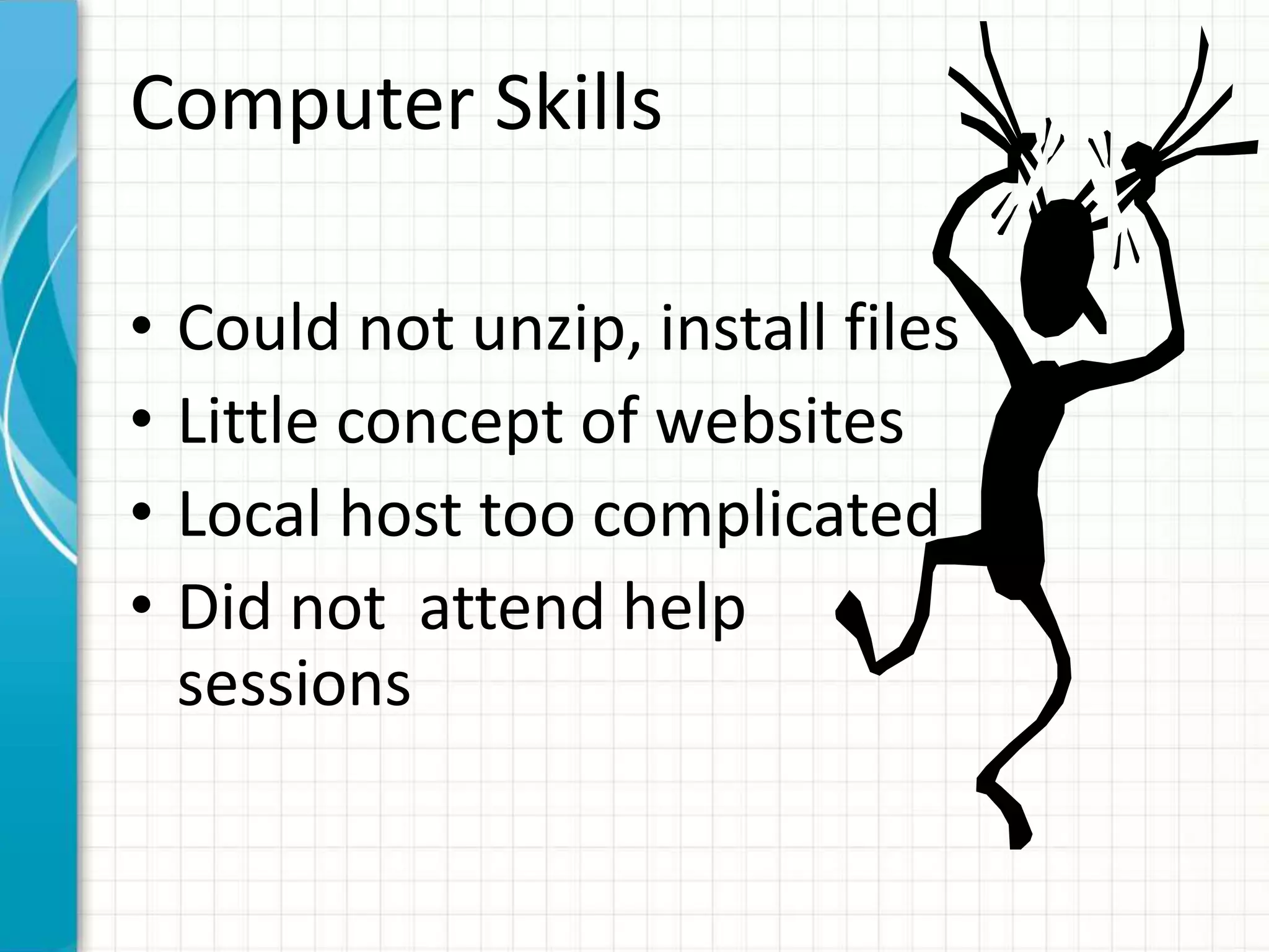 Computer Skills
• Could not unzip, install files
• Little concept of websites
• Local host too complicated
• Did not attend help
sessions
 