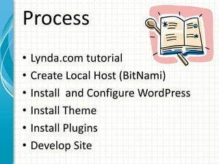 Process
• Lynda.com tutorial
• Create Local Host (BitNami)
• Install and Configure WordPress
• Install Theme
• Install Plugins
• Develop Site
 