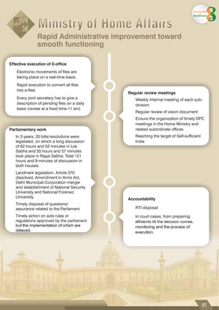 Effective execution of E-office
Electronic movements of files are
taking place on a real-time basis.
Rapid execution to convert all files
into e-files
Every joint secretary has to give a
description of pending files on a daily
basis (review at a fixed time-11 am)
Regular review meetings
Weekly Internal meeting of each sub-
division
Regular review of vision document
Ensure the organization of timely DPC
meetings in the Home Ministry and
related subordinate offices
Reaching the target of Self-sufficient
India
Parliamentary work
In 3 years, 20 bills/resolutions were
legislated, on which a long discussion
of 62 hours and 52 minutes in Lok
Sabha and 55 hours and 57 minutes
took place in Rajya Sabha. Total 121
hours and 9 minutes of discussion in
both houses.
Landmark legislation: Article 370
dissolved, Amendment in Arms Act,
Delhi Municipal Corporation merger
and establishment of National Security
University and National Forensic
University.
Timely disposal of questions/
assurance related to the Parliament
Timely action on acts rules or
regulations approved by the parliament
but the implementation of which are
delayed.
Accountability
RTI disposal
In court cases, from preparing
affidavits till the decision comes,
monitoring and the process of
execution.
Ministry of Home Affairs
Ministry of Home Affairs
Rapid Administrative improvement toward
smooth functioning
81
From Aspiration
to
Accomplishment
years
 
