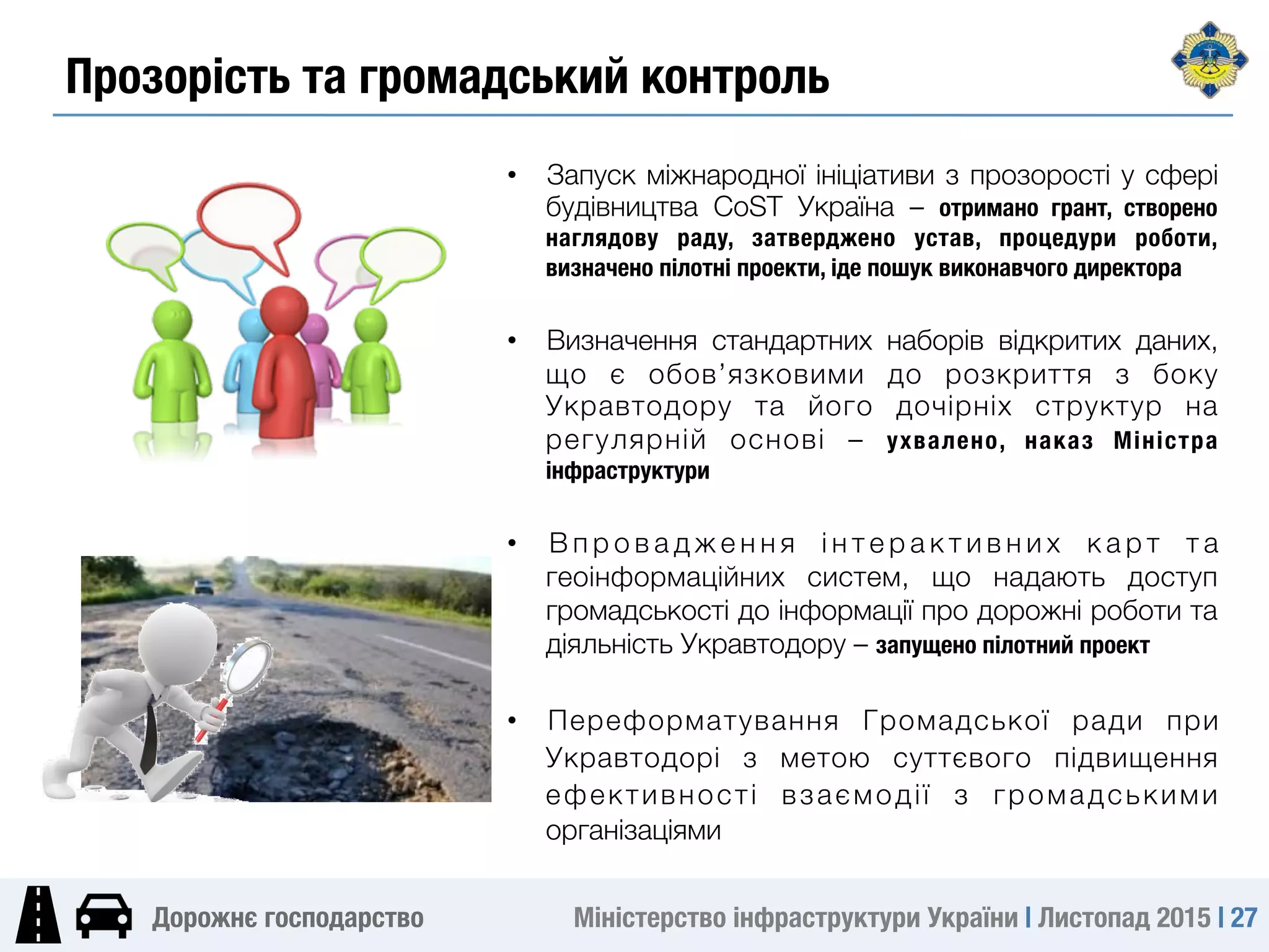 Міністерство інфраструктури України | Листопад 2015 | 27
Дорожнє господарство
Прозорість та громадський контроль
•  Запуск міжнародної ініціативи з прозорості у сфері
будівництва CоST Україна – отримано грант, створено
наглядову раду, затверджено устав, процедури роботи,
визначено пілотні проекти, іде пошук виконавчого директора
•  Визначення стандартних наборів відкритих даних,
що є обов’язковими до розкриття з боку
Укравтодору та його дочірніх структур на
регулярній основі – ухвалено, наказ Міністра
інфраструктури
•  В п р о в а д ж е н н я і н т е р а к т и в н и х к а р т т а
геоінформаційних систем, що надають доступ
громадськості до інформації про дорожні роботи та
діяльність Укравтодору – запущено пілотний проект
•  Переформатування Громадської ради при
Укравтодорі з метою суттєвого підвищення
ефективності взаємодії з громадськими
організаціями
 