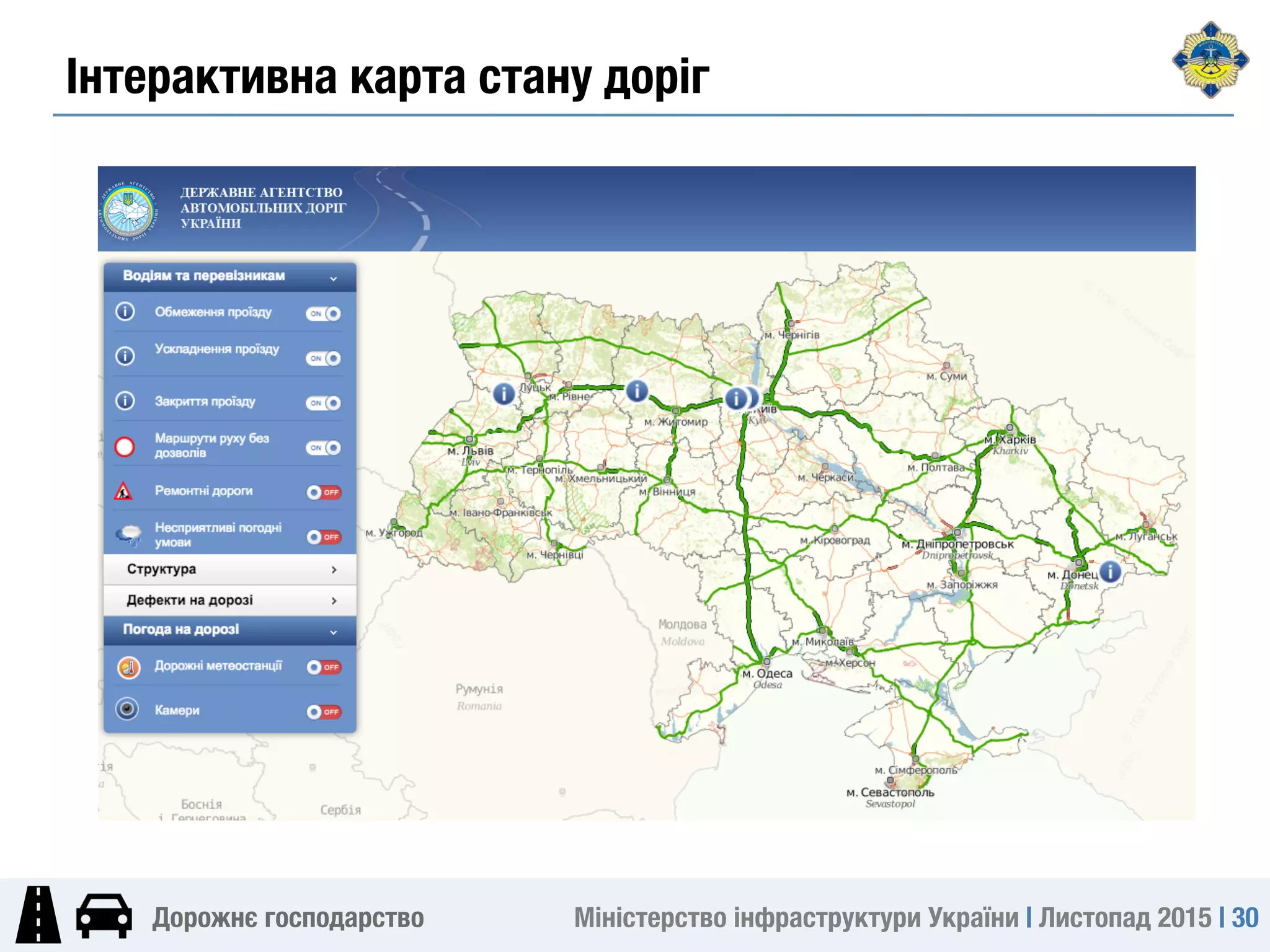 Міністерство інфраструктури України | Листопад 2015 | 30
Дорожнє господарство
Інтерактивна карта стану доріг
 