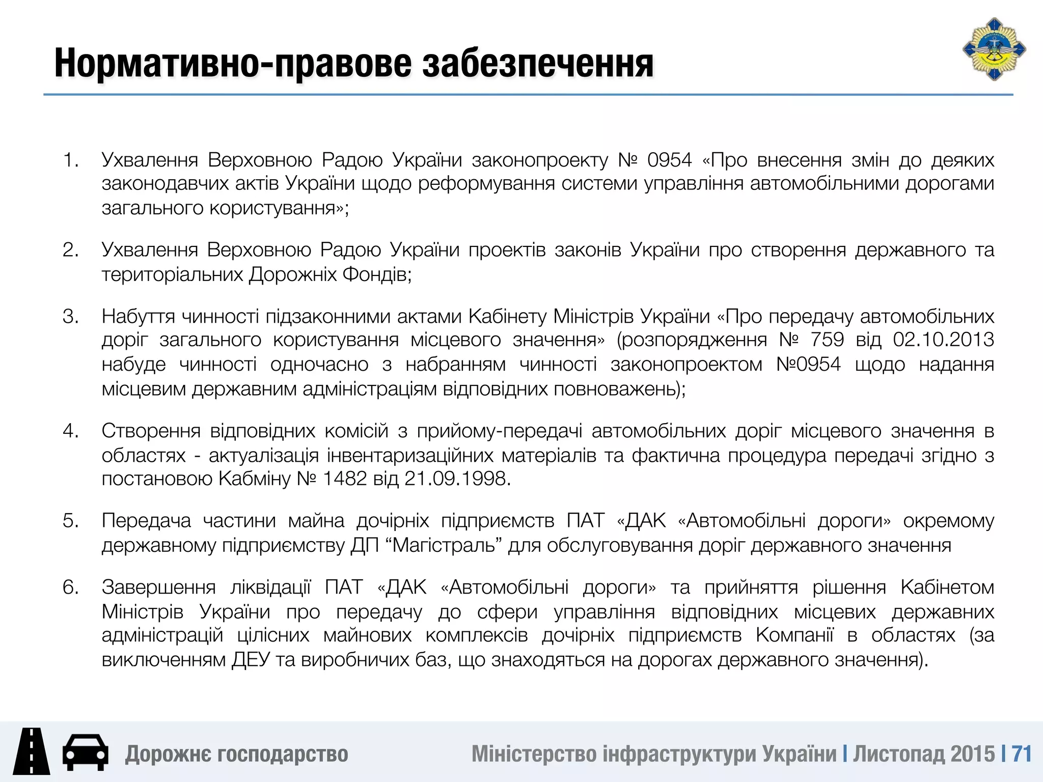 Міністерство інфраструктури України | Листопад 2015 | 71
Дорожнє господарство
1.  Ухвалення Верховною Радою України законопроекту № 0954 «Про внесення змін до деяких
законодавчих актів України щодо реформування системи управління автомобільними дорогами
загального користування»;
2.  Ухвалення Верховною Радою України проектів законів України про створення державного та
територіальних Дорожніх Фондів;
3.  Набуття чинності підзаконними актами Кабінету Міністрів України «Про передачу автомобільних
доріг загального користування місцевого значення» (розпорядження № 759 від 02.10.2013
набуде чинності одночасно з набранням чинності законопроектом №0954 щодо надання
місцевим державним адміністраціям відповідних повноважень);
4.  Створення відповідних комісій з прийому-передачі автомобільних доріг місцевого значення в
областях - актуалізація інвентаризаційних матеріалів та фактична процедура передачі згідно з
постановою Кабміну № 1482 від 21.09.1998.
5.  Передача частини майна дочірніх підприємств ПАТ «ДАК «Автомобільні дороги» окремому
державному підприємству ДП “Магістраль” для обслуговування доріг державного значення
6.  Завершення ліквідації ПАТ «ДАК «Автомобільні дороги» та прийняття рішення Кабінетом
Міністрів України про передачу до сфери управління відповідних місцевих державних
адміністрацій цілісних майнових комплексів дочірніх підприємств Компанії в областях (за
виключенням ДЕУ та виробничих баз, що знаходяться на дорогах державного значення).

Нормативно-правове забезпечення
 