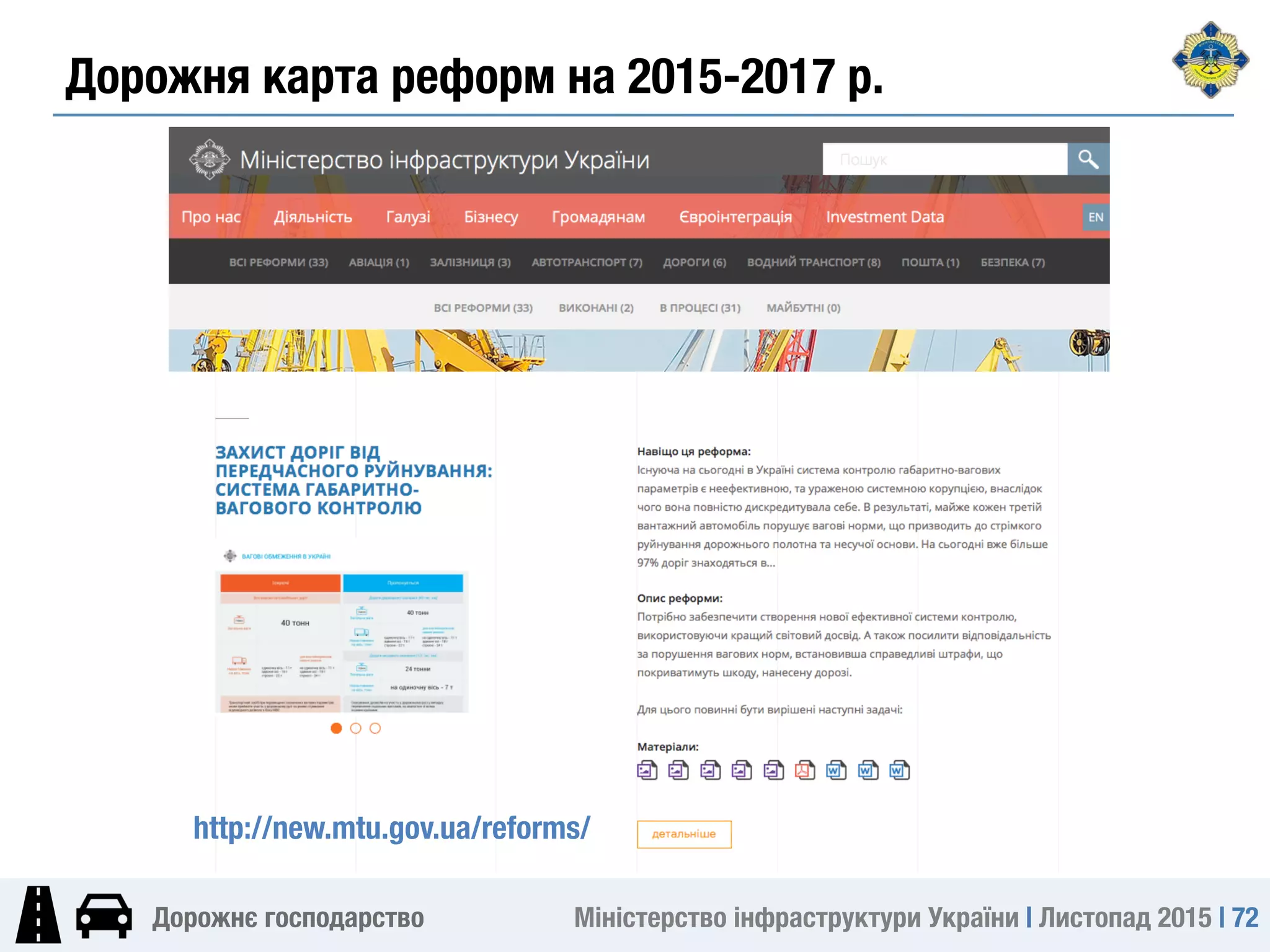 Міністерство інфраструктури України | Листопад 2015 | 72
Дорожнє господарство
Дорожня карта реформ на 2015-2017 р.
http://new.mtu.gov.ua/reforms/
 