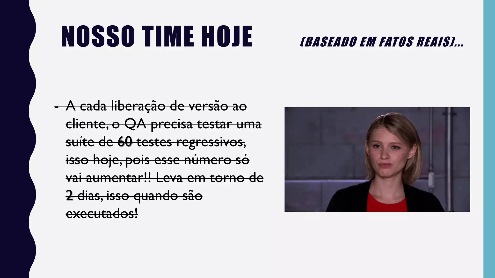 - A cada liberação de versão ao
cliente, o QA precisa testar uma
suíte de 60 testes regressivos,
isso hoje, pois esse número só
vai aumentar!! Leva em torno de
2 dias, isso quando são
executados!
NOSSO TIME HOJE (BASEADO EM FATOS REAIS)...
 