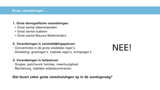 Grote veranderingen….
1. Grote demografische veranderingen:
• Groei aantal alleenstaanden
• Groei aantal ouderen
• Groei aantal Nieuwe Nederlanders
2. Veranderingen in verstedelijkingspatroon
• Concentratie in de grote stedelijke regio’s
• Driedeling: groeiregio’s, stabiele regio’s, krimpregio’s
3. Veranderingen in leefpatroon
• Singles, patchwork families, meerhuizigheid
• Mantelzorg, tijdelijke arbeidscontracten
Dat levert zeker grote verschuivingen op in de woningvraag?
NEE!
 
