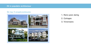 Dit is populaire architectuur
1. Retro jaren dertig
2. Cottages
3. Victoriaans
De top 3 smaakvoorkeuren
 