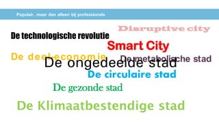 Populair, maar dan alleen bij professionals
De technologische revolutie
De deel-econom ie
De circulaire stad
Smart City
De gezonde stad
De metabolische stad
Disruptive city
De ongedeelde stad
 