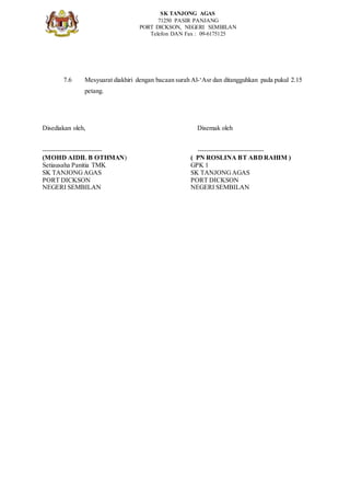 SK TANJONG AGAS
71250 PASIR PANJANG
PORT DICKSON, NEGERI SEMBILAN
Telefon DAN Fax : 09-6175125
7.6 Mesyuarat diakhiri dengan bacaan surah Al-‘Asr dan ditangguhkan pada pukul 2.15
petang.
Disediakan oleh, Disemak oleh
--------------------------- ------------------------------
(MOHD AIDIL B OTHMAN) ( PN ROSLINA BT ABDRAHIM )
Setiausaha Panitia TMK GPK 1
SK TANJONGAGAS SK TANJONGAGAS
PORT DICKSON PORT DICKSON
NEGERI SEMBILAN NEGERI SEMBILAN
 