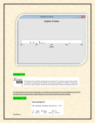 Estadística
Ejemplo 5.21
En estaocasiónno hay manerade saber si lasmedicionesprovienende unapoblaciónnormal.Si
lasmedicionescontuvieranundatoatípicoel intervalode confianzaseriainvalido.
Ejemplo 5.22
