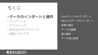 もくじ
•データのインポートと操作
• ワークシート
• グラフィック
• のカスタマイズ
• 追加トピックス
ファイルのインポート
からのデータのインポート
変数の集計
データの置換
値の順序
データ型の変更
 