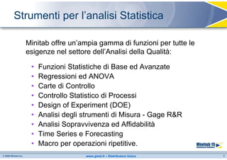 Strumenti per l’analisi Statistica

  Minitab offre un’ampia gamma di funzioni per tutte le
  esigenze nel settore dell’Analisi della Qualità:

   •   Funzioni Statistiche di Base ed Avanzate
   •   Regressioni ed ANOVA
   •   Carte di Controllo
   •   Controllo Statistico di Processi
   •   Design of Experiment (DOE)
   •   Analisi degli strumenti di Misura - Gage R&R
   •   Analisi Sopravvivenza ed Affidabilità
   •   Time Series e Forecasting
   •   Macro per operazioni ripetitive.
                     www.gmsl.it – Distributore Unico     8
 