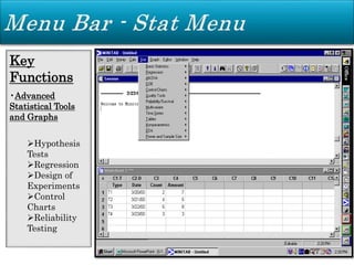 Key
Functions
•Advanced
Statistical Tools
and Graphs
Hypothesis
Tests
Regression
Design of
Experiments
Control
Charts
Reliability
Testing
 
