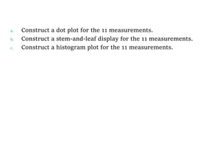 a. Construct a dot plot for the 11 measurements.
b. Construct a stem-and-leaf display for the 11 measurements.
c. Construct a histogram plot for the 11 measurements.
 