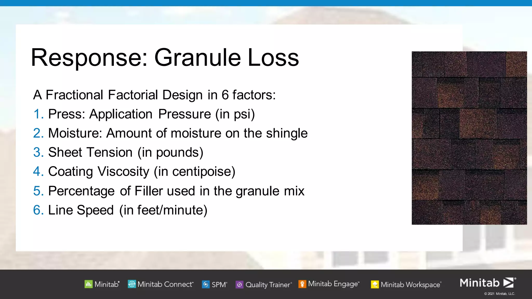 © 2021 Minitab, LLC.
Response: Granule Loss
A Fractional Factorial Design in 6 factors:
1. Press: Application Pressure (in psi)
2. Moisture: Amount of moisture on the shingle
3. Sheet Tension (in pounds)
4. Coating Viscosity (in centipoise)
5. Percentage of Filler used in the granule mix
6. Line Speed (in feet/minute)
 