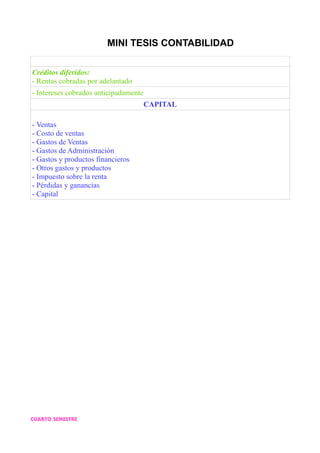 MINI TESIS CONTABILIDAD
Créditos diferidos:
- Rentas cobradas por adelantado
- Intereses cobrados anticipadamente
CAPITAL
- Ventas
- Costo de ventas
- Gastos de Ventas
- Gastos de Administración
- Gastos y productos financieros
- Otros gastos y productos
- Impuesto sobre la renta
- Pérdidas y ganancias
- Capital
CUARTO SEMESTRE
 