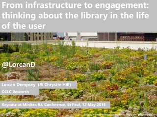 1
From infrastructure to engagement:
thinking about the library in the life
of the user
Lorcan Dempsey (& Chrystie Hill)
OCLC Research
Keynote at Minitex ILL Conference, St Paul, 12 May 2015
http://www.greenacressprinkler.com/gallery/library-gallery
@LorcanD
 